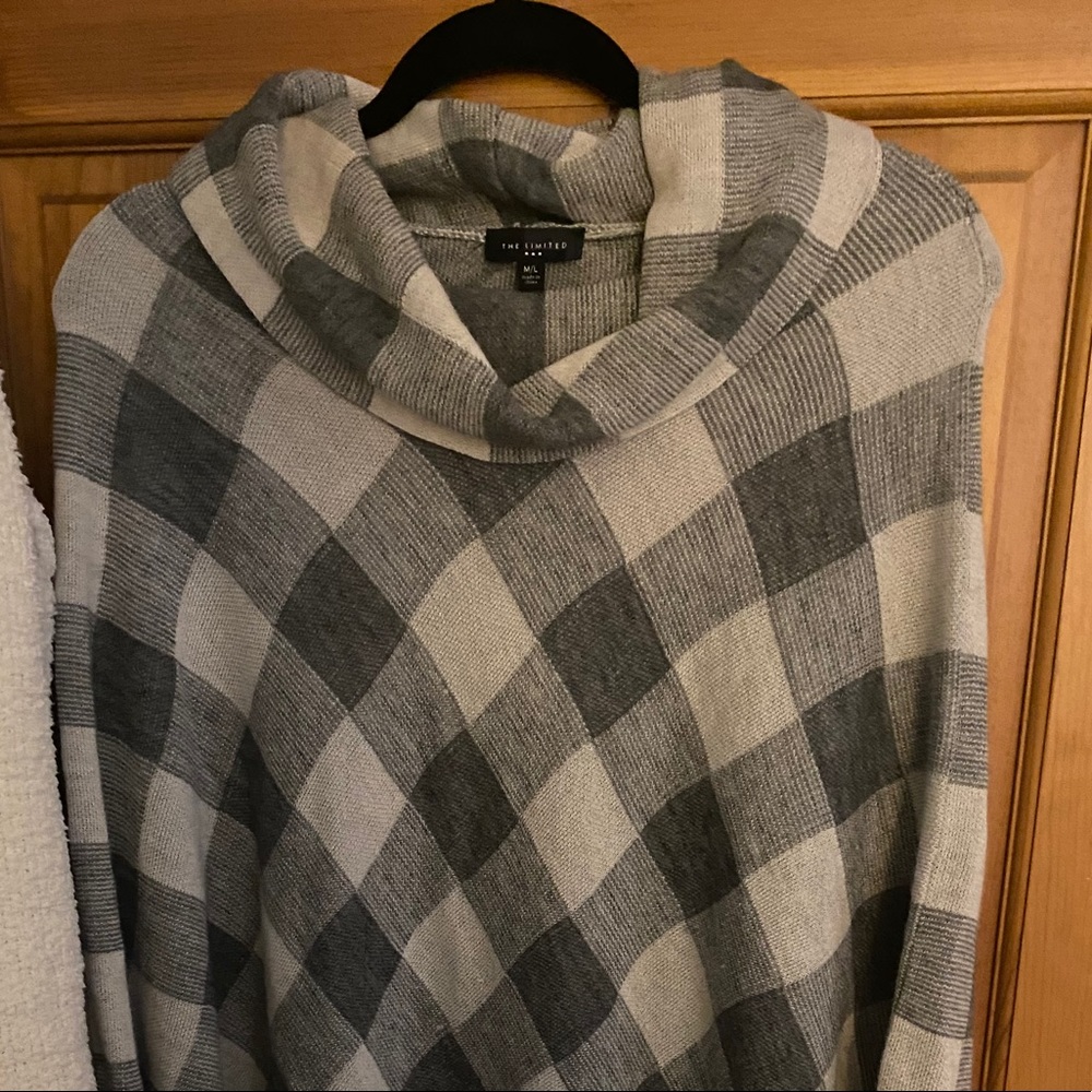 Buffalo plaid cowl/turtle fringed poncho